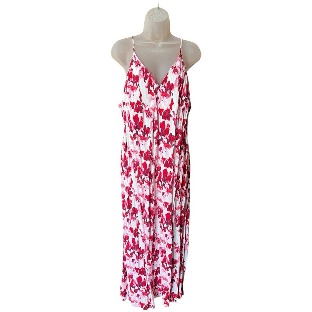 A New Day Red/Pink Floral Slip Dress w/Slit Sz XXL Romantic
